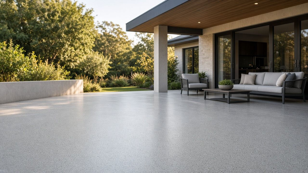 Illustrative example of a smooth, light grey resurfaced concrete patio beside an outdoor lounge area
