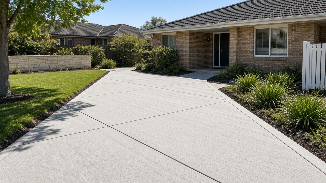 Illustrative example of a new broom-finished concrete driveway with neat control joints