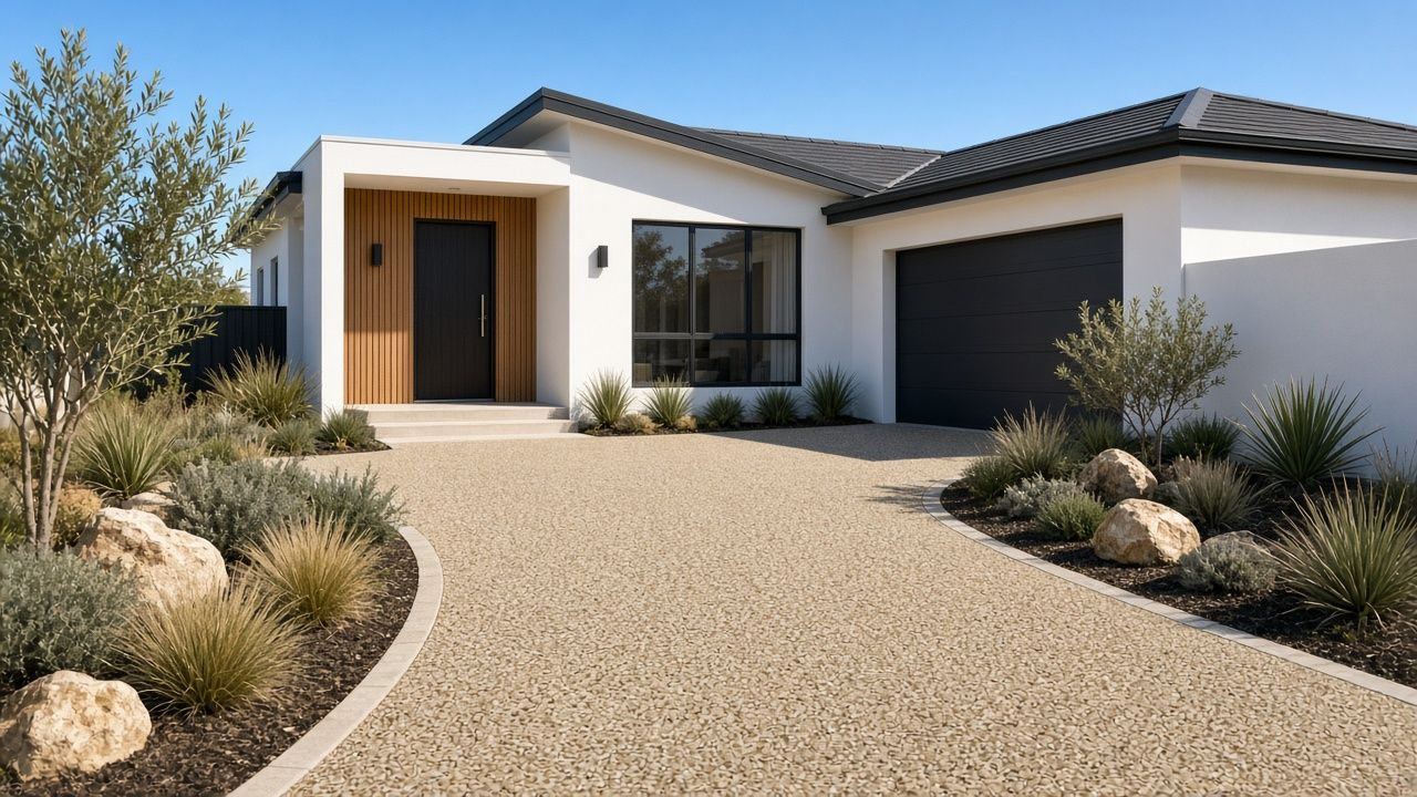 Illustrative example of a natural-stone resin bound aggregate driveway leading to a modern home